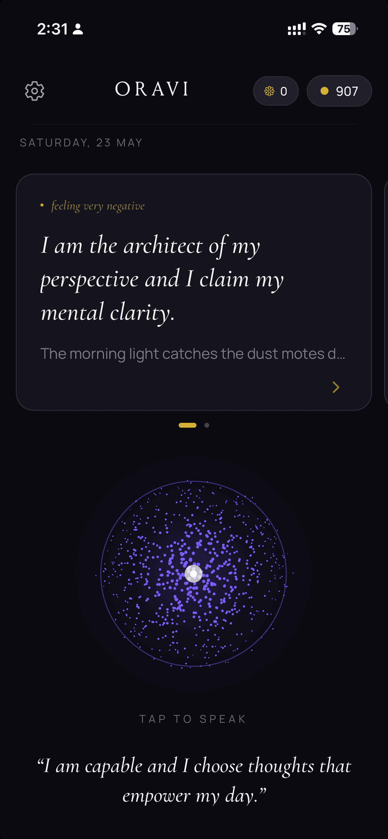 Oravi app dashboard with voice orb and nightly card
